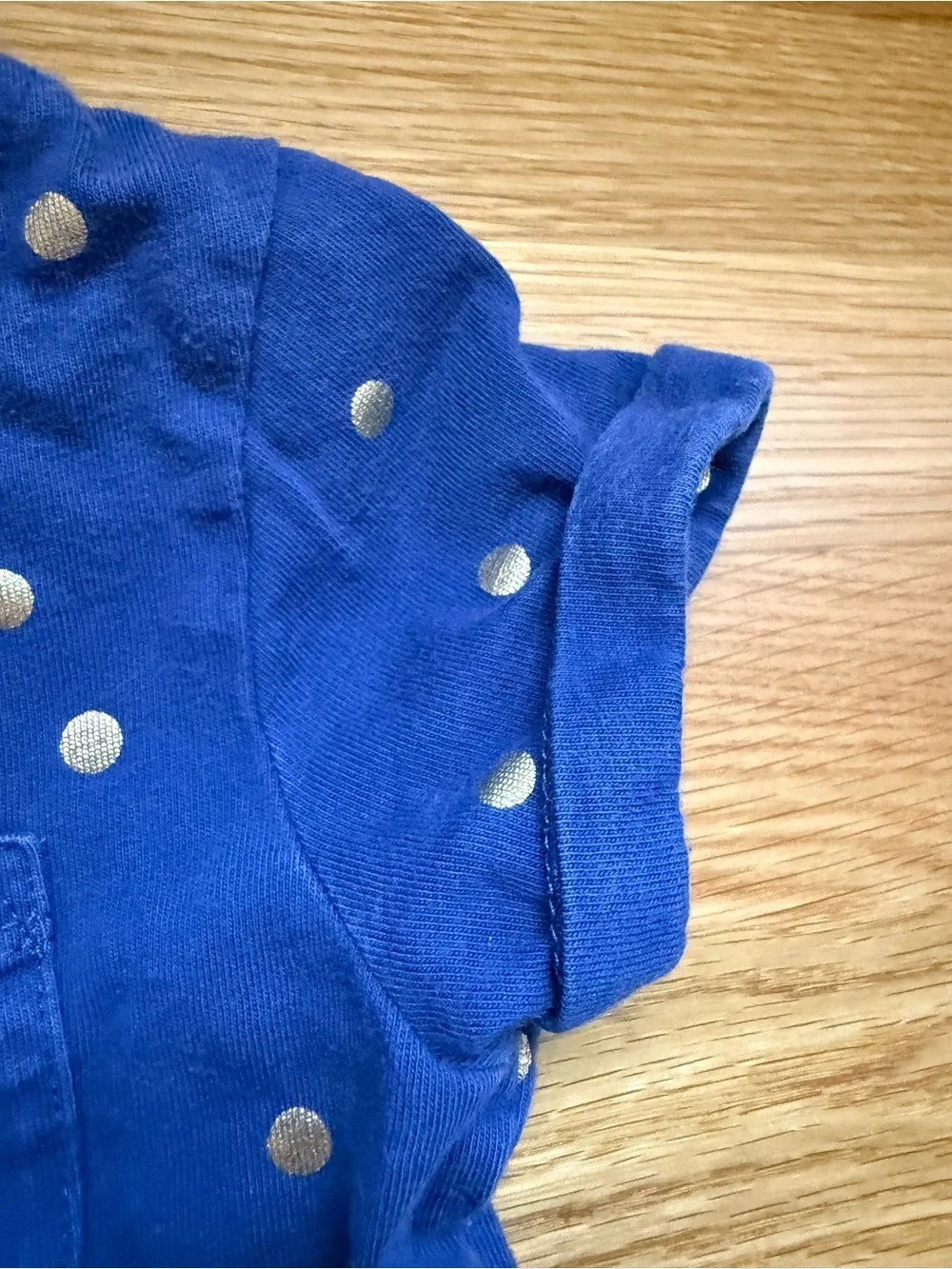 MiniBoden Girls' Blue dress with gold Polka Dot dress (size 5-6 years)